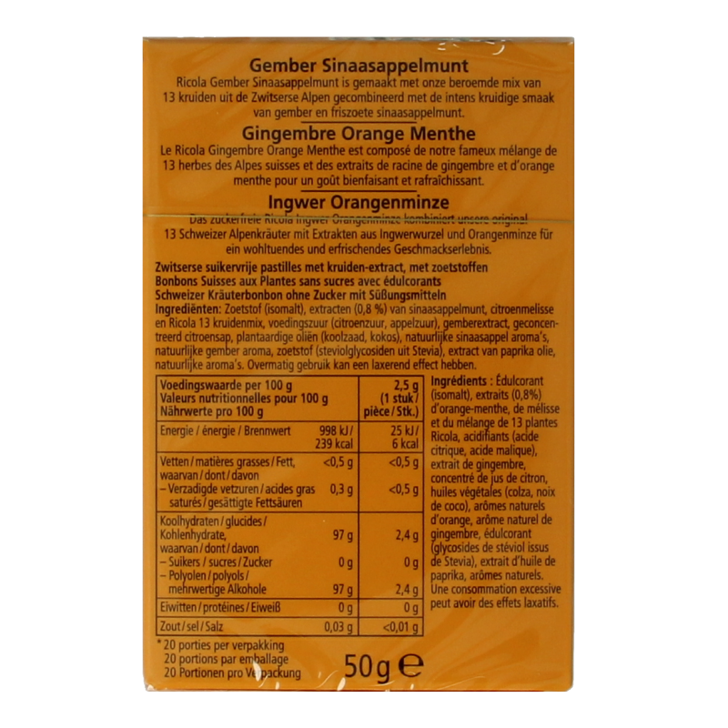 Ricola Gember sinaasappelmunt suikervrij 50 Gram