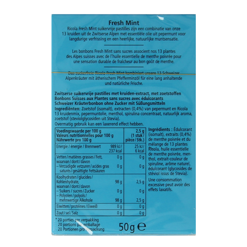 Ricola Fresh mint suikervrij doosje 50 Gram