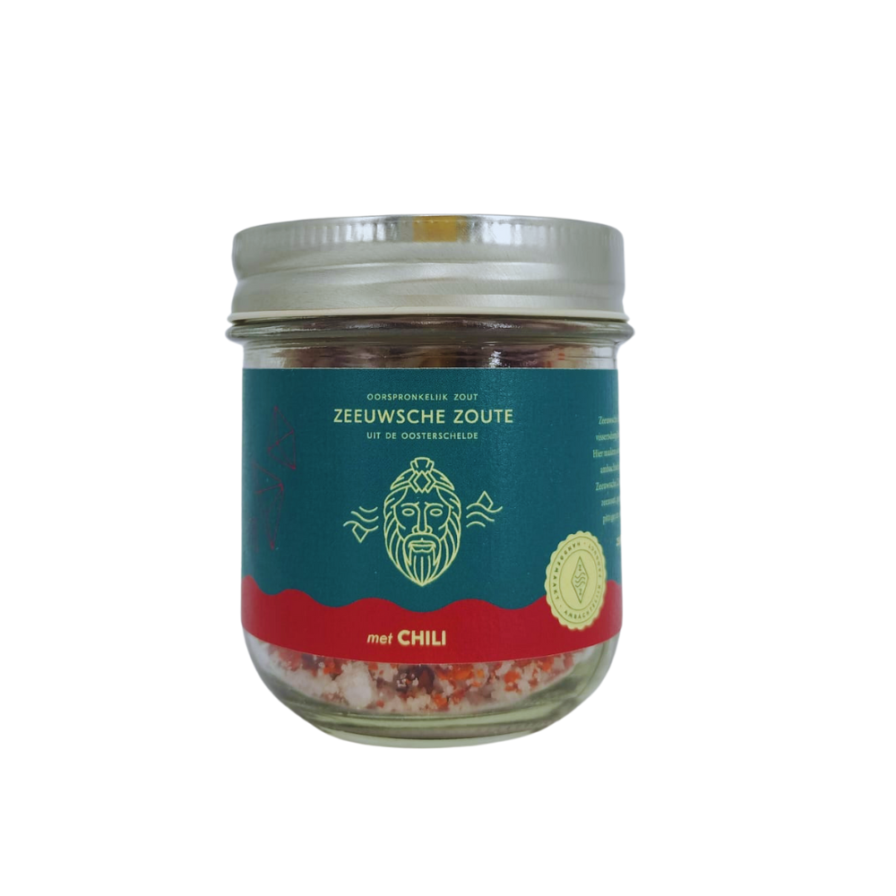 Zeeuwsche Zoute Zout met chili glazen pot 100.00 Gram