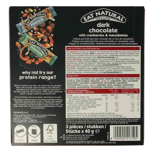 Eat Natural Pure chocolate cranberry macadamia 3 x 40 gram 120 Gram