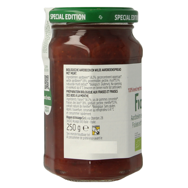 Fiordifrutta Aardbeien en wilde aardbeien met munt jam bio 250 Gram