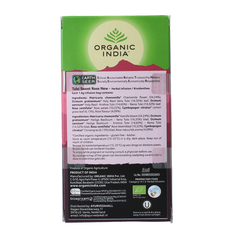 Organic India Tulsi sweet rose thee bio 25 Stuks