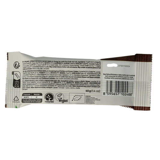 Lifefood Lifebar inchoco chocolade vanille raw bio 40 Gram