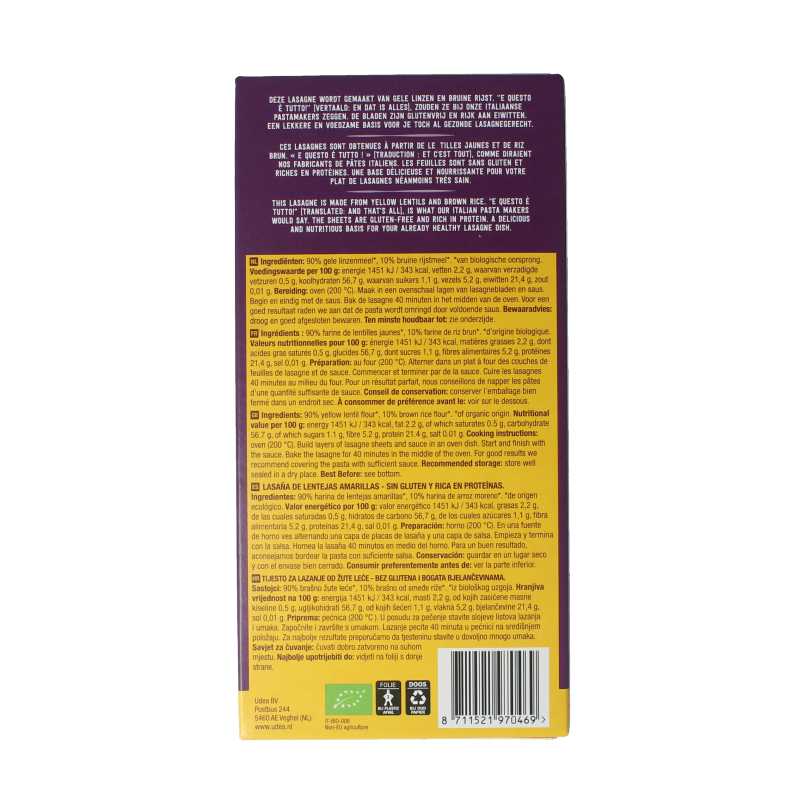 Your Organic Nature Lasagne van gele linzen bio 250 Gram
