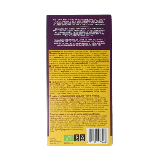 Your Organic Nature Lasagne van gele linzen bio 250 Gram