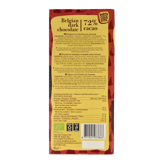 Happy Chocolate Puur 72% bio 85 Gram
