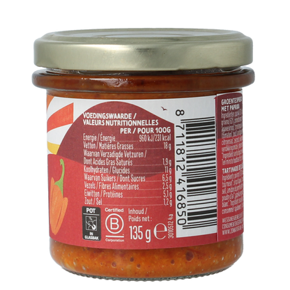 Zonnatura Groentespread paprika bio 135.00 Gram