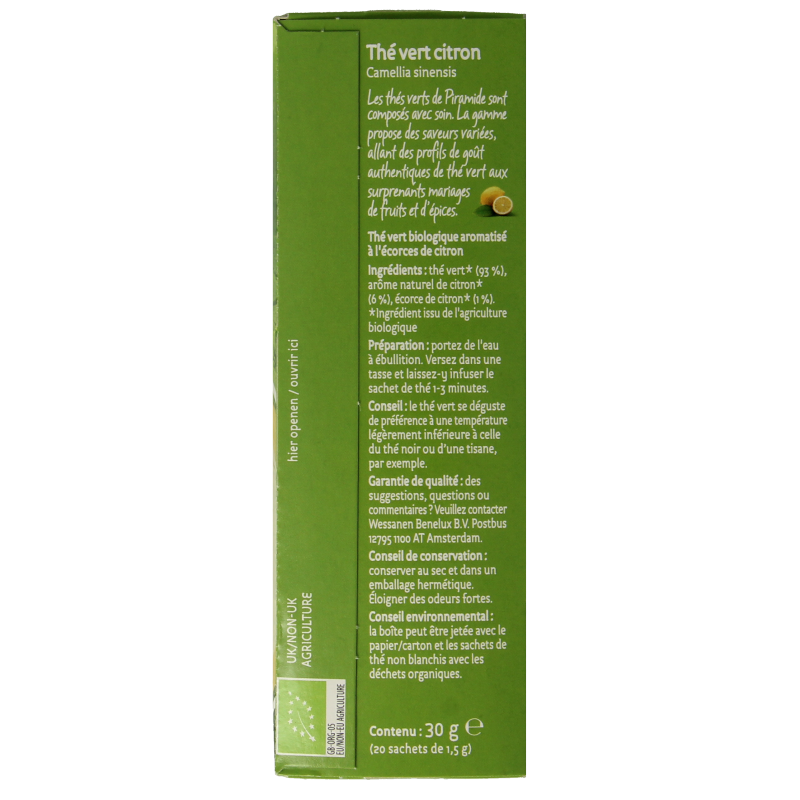 Piramide Groene thee met citroen eko bio 20 Zakjes