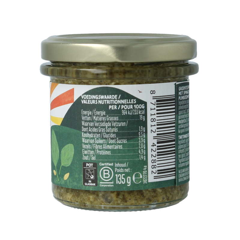Zonnatura Groentespread spinazie bio 135 Gram