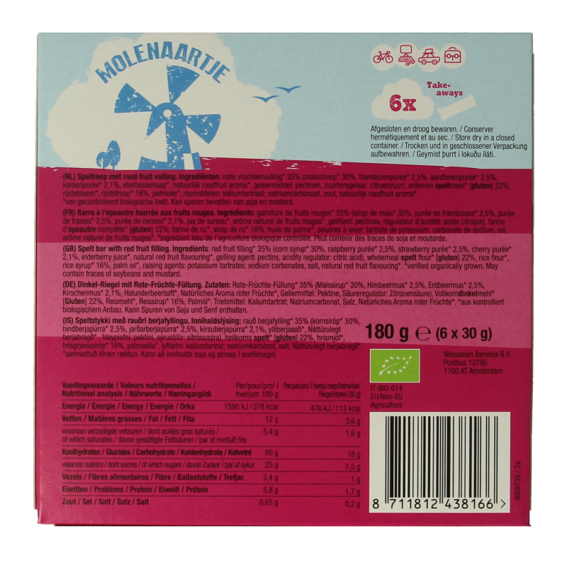Molenaartje Spelt fruitreep rood fruit bio 180 Gram