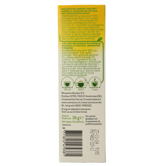 Zonnatura Energie groene thee met vitamine C bio 20 Zakjes