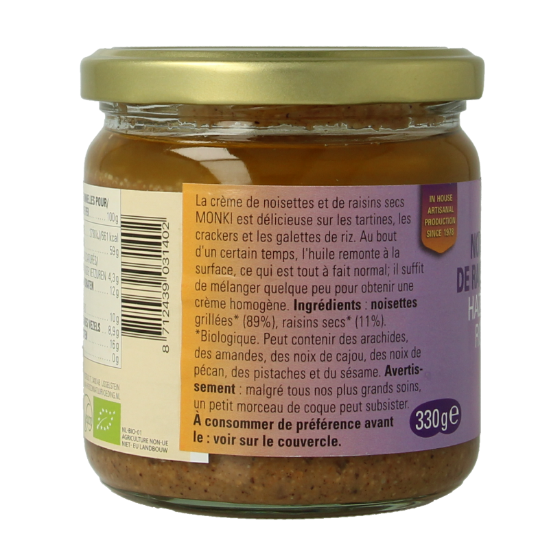 Monki Hazelnoten-rozijnenpasta eko bio 330 Gram