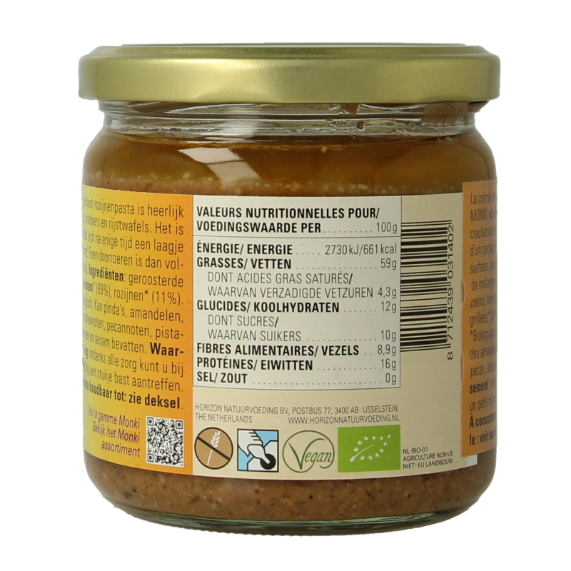 Monki Hazelnoten-rozijnenpasta eko bio 330 Gram