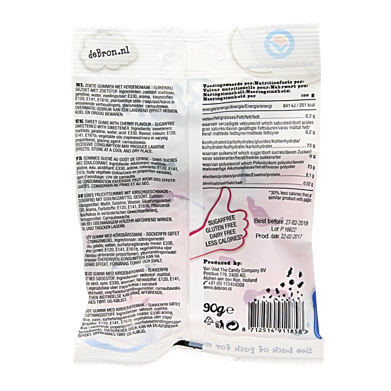 De Bron Kersen gums/cherry gums suikervrij 90 Gram