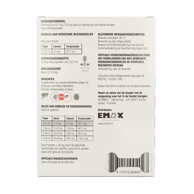 Flea Free Ectoline duo hond 2-10kg pipet 2 Stuks