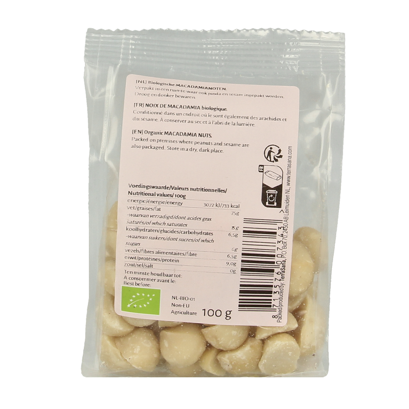 TerraSana RAW Macadamianoten gepeld bio 100 Gram