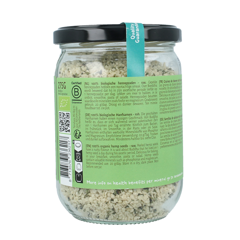 TerraSana RAW Hennepzaad gepeld in glas bio 275 Gram
