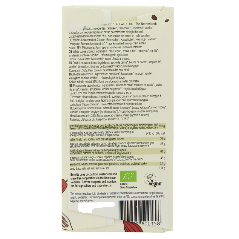 Bonvita Rijstmelk chocolade wit bio 100 Gram