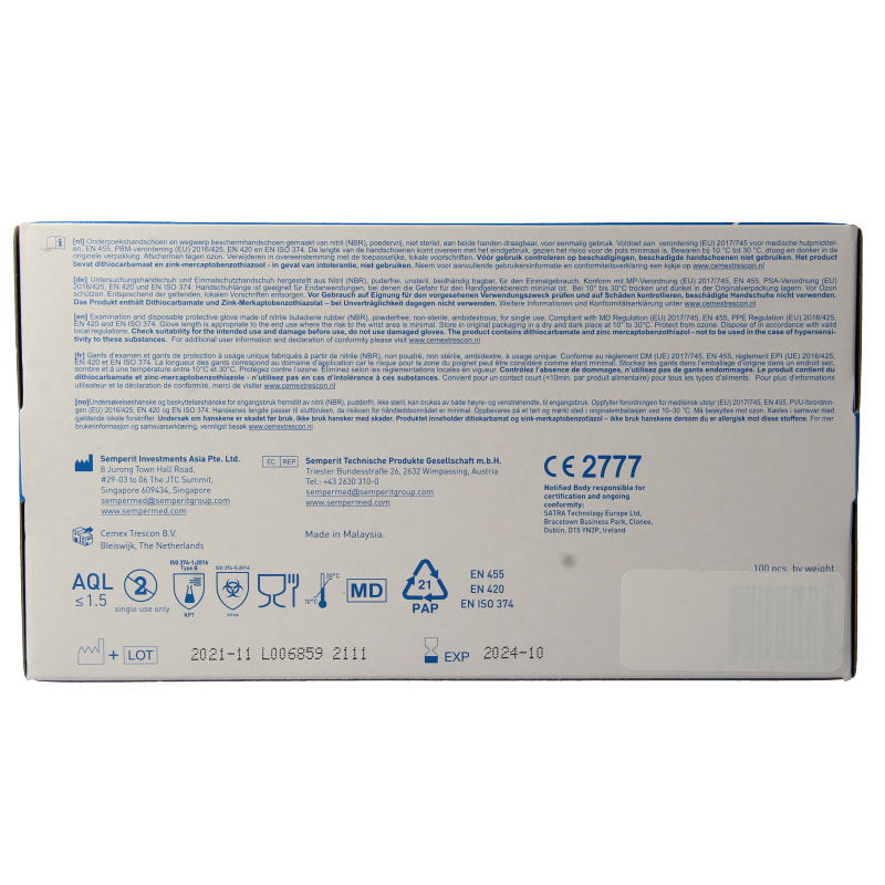 CMT Onderzoekshandschoen nitriel wit poedervrij maat L 100 Stuks