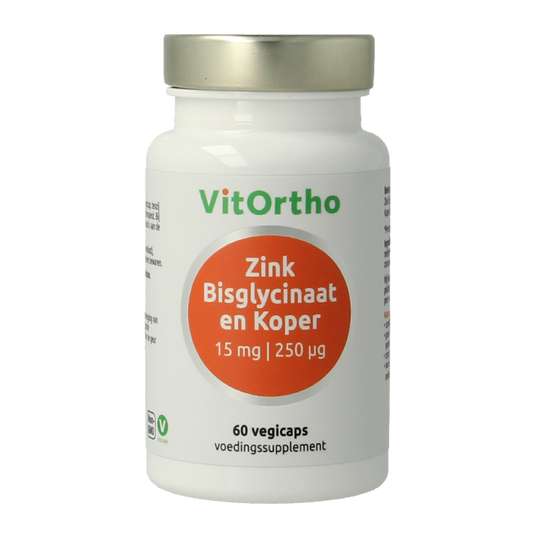 VitOrtho Zink bisglycinaat 15mg en koper 250mcg 60 Vegetarische capsules