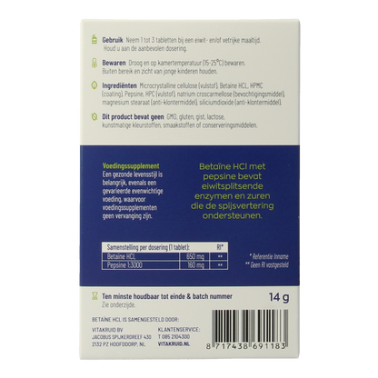 Vitakruid Betaine HCL 650mg & pepsine 160mg testkit 10.00 Tabletten