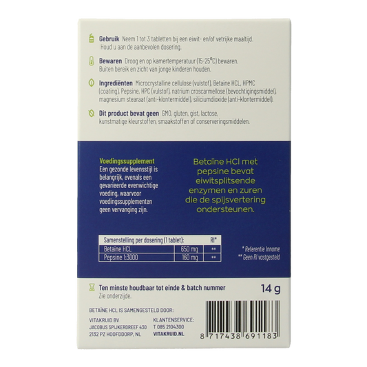 Vitakruid Betaine HCL 650mg & pepsine 160mg testkit 10 Tabletten