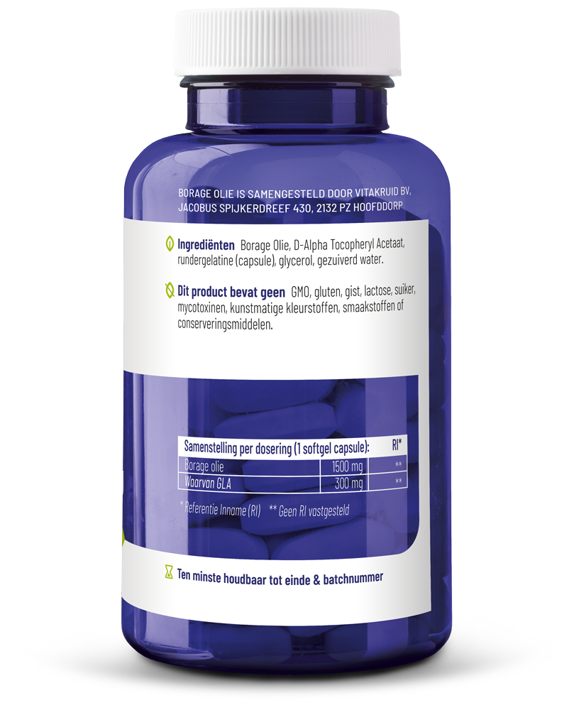 Vitakruid Borage Olie 1500mg GLA 300mg uit plantaardige bron 60 Softgels