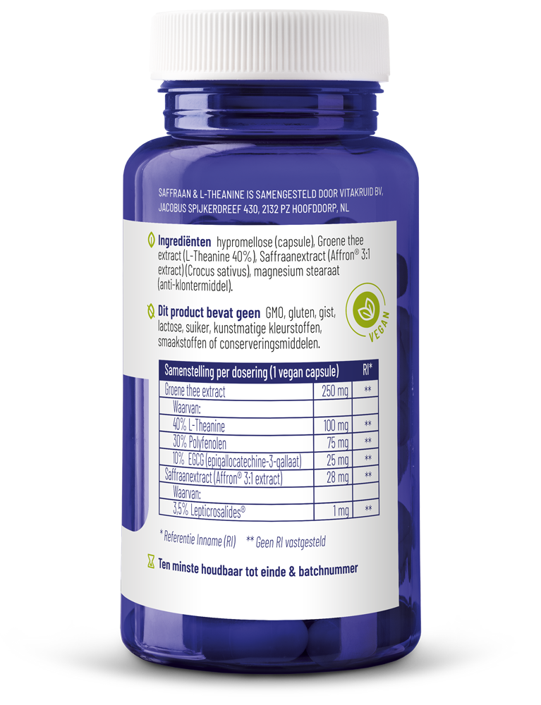 Vitakruid Saffraan 28mg (Affron) & L-Theanine 90 Vegetarische capsules