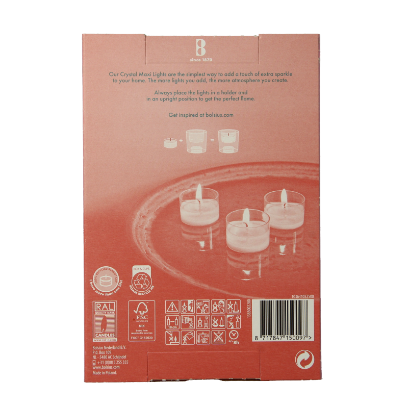 Bolsius Crystal maxi lights 8 uur doos 12 Stuks