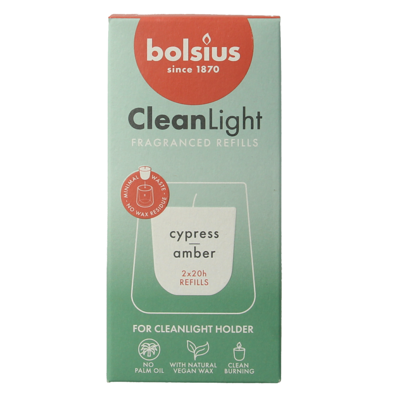 Bolsius Clean Light navulling cypress / Amber 2 Stuks