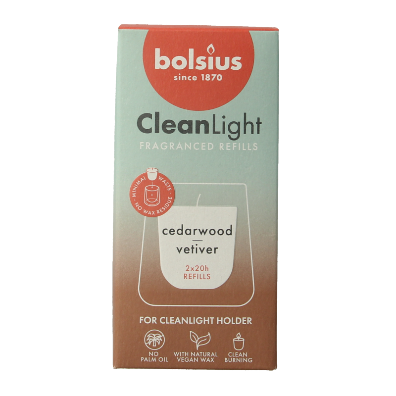 Bolsius Clean Light navulling 2 pack Cedarwood / Vertiver 212 Gram