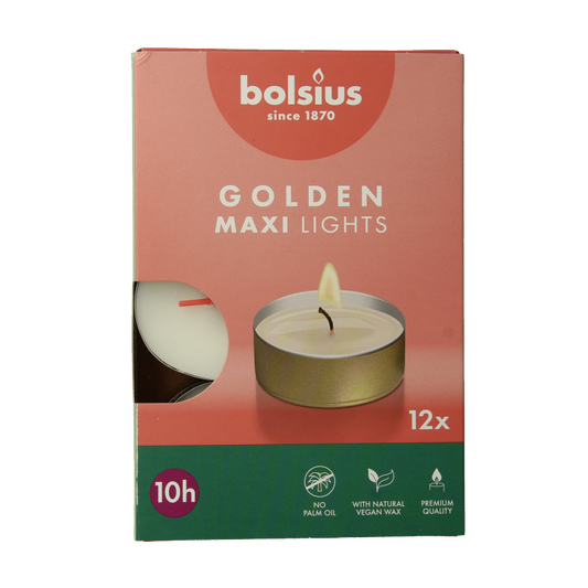 Bolsius Maxi lichten 10uur wit met gouden cup 12 Stuks