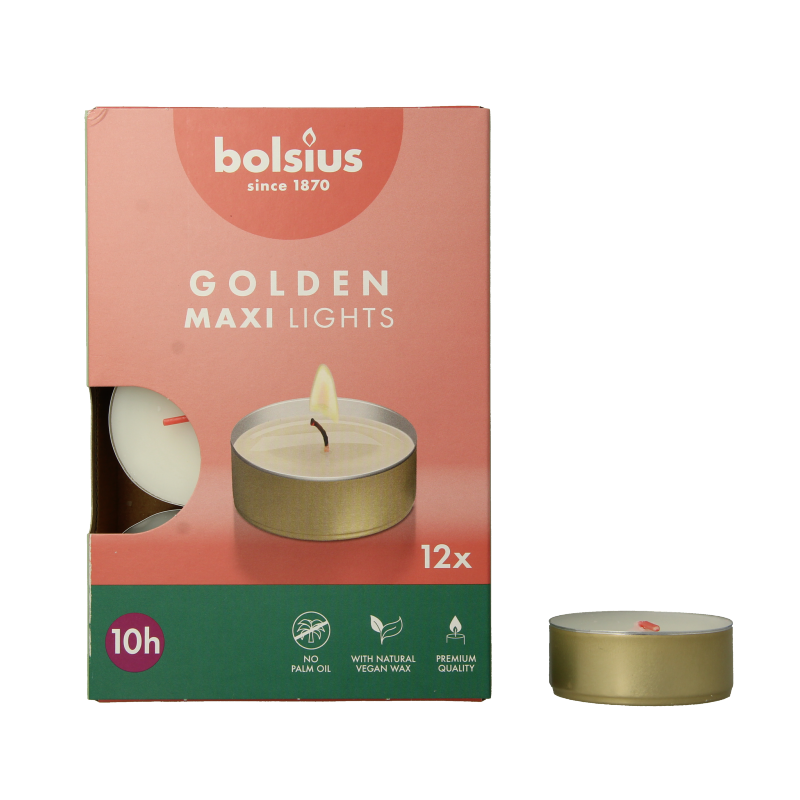 Bolsius Maxi lichten 10uur wit met gouden cup 12 Stuks