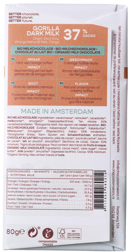 Chocolatemakers Gorilla melk 37% bio 80 Gram