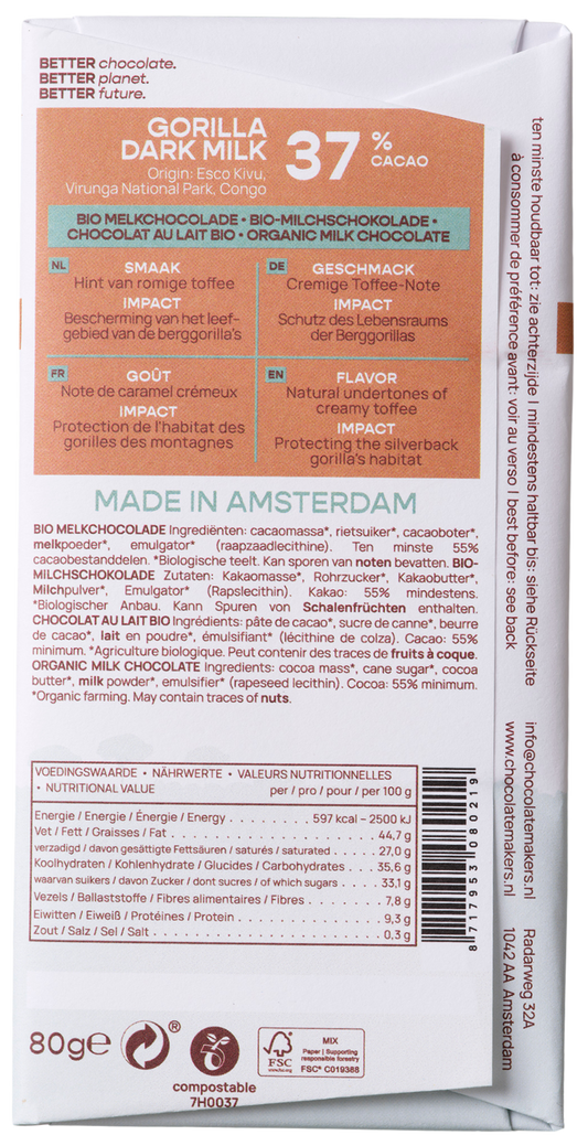 Chocolatemakers Gorilla melk 37% bio 80 Gram
