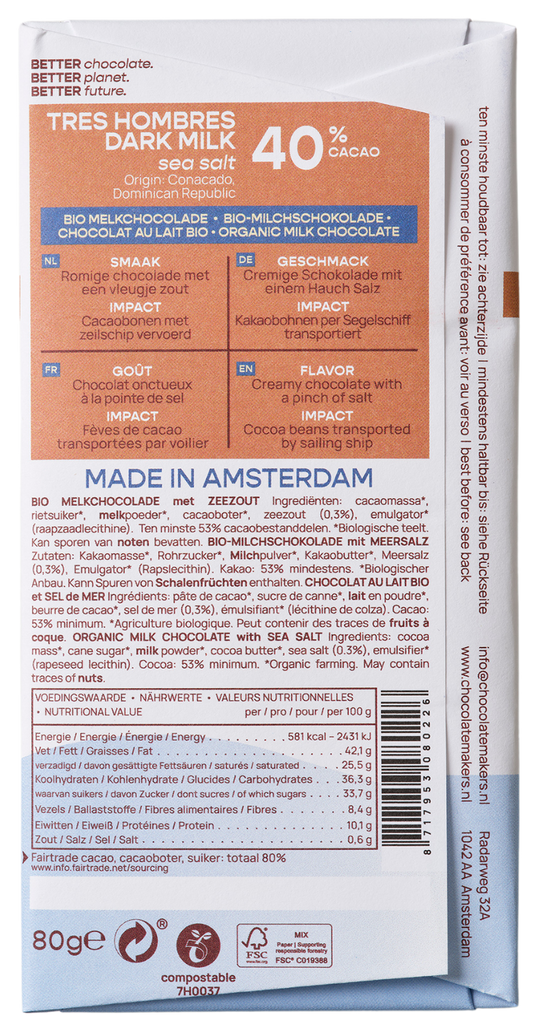 Chocolatemakers Reep tres hombres 40% melk  zeezout fairtrade bio 80.00 Gram