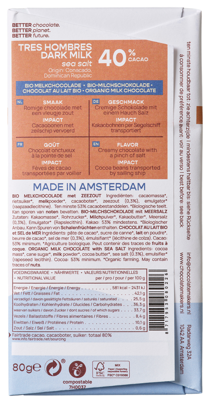 Chocolatemakers Reep tres hombres 40% melk  zeezout fairtrade bio 80.00 Gram