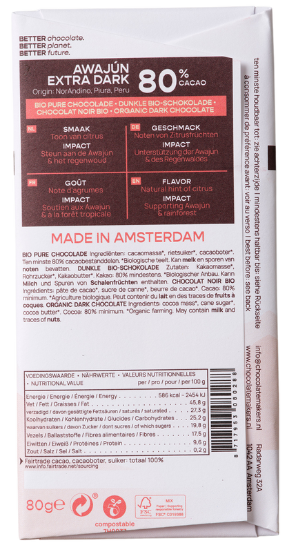Chocolatemakers Awajun 80% puur fairtrade bio 80.00 Gram
