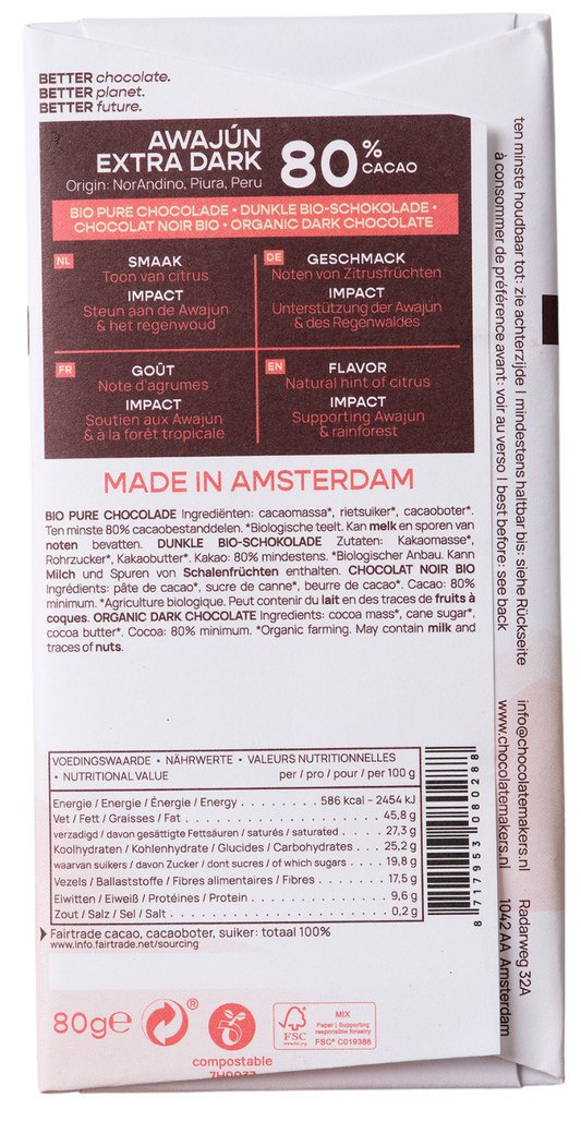 Chocolatemakers Awajun 80% puur fairtrade bio 80.00 Gram