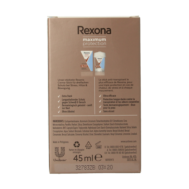 Rexona Deodorant stick woman max prot clean scent 45 Milliliter