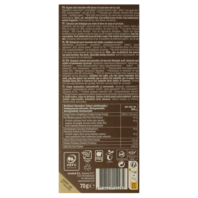 Lovechock Sweet nibs & seasalt bio 70 Gram