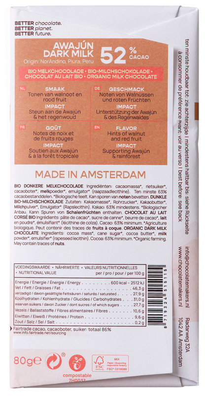 Chocolatemakers Awajun 52% donkere melk fairtrade bio 80.00 Gram