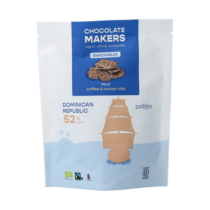 Chocolatemakers Zeiltjes melk 52% met cacaonibs & koffie bio 100.00 Gram