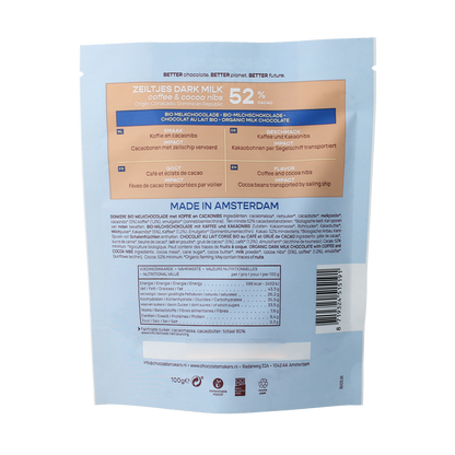 Chocolatemakers Zeiltjes melk 52% met cacaonibs & koffie bio 100.00 Gram