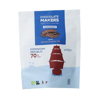 Chocolatemakers Zeiltjes puur 70% met cacaonibs & zeezout bio 100.00 Gram