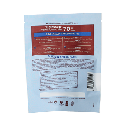 Chocolatemakers Zeiltjes puur 70% met cacaonibs & zeezout bio 100.00 Gram
