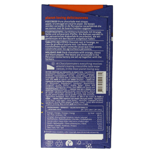 Chocolatemakers Holiday bar 65% met sinaasappel-kruidnagel bio 85 Gram