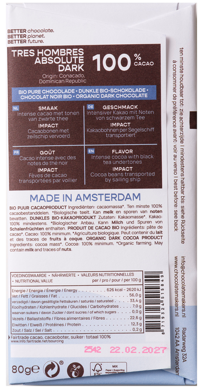 Chocolatemakers Reep tres hombres 100% extra puur fairtrade bio 80.00 Gram