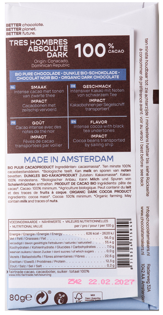 Chocolatemakers Reep tres hombres 100% extra puur fairtrade bio 80.00 Gram
