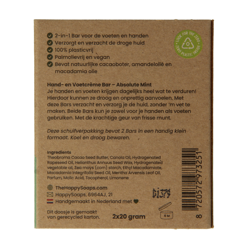 Happysoaps Hand & voetcreme bar absolute mint 40 Gram